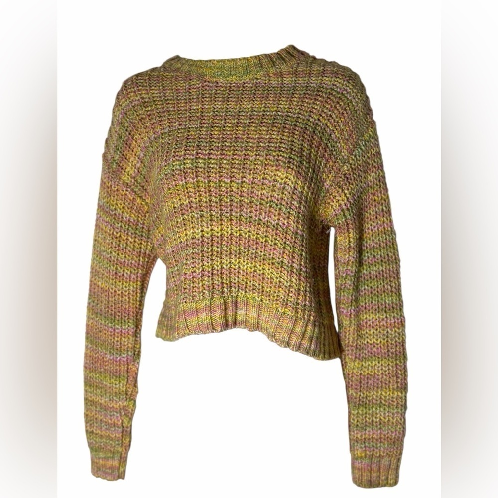 Anthropologie Chunky Knit Pullover Sweater Womens xSmall Multi Pink Cropped L/s